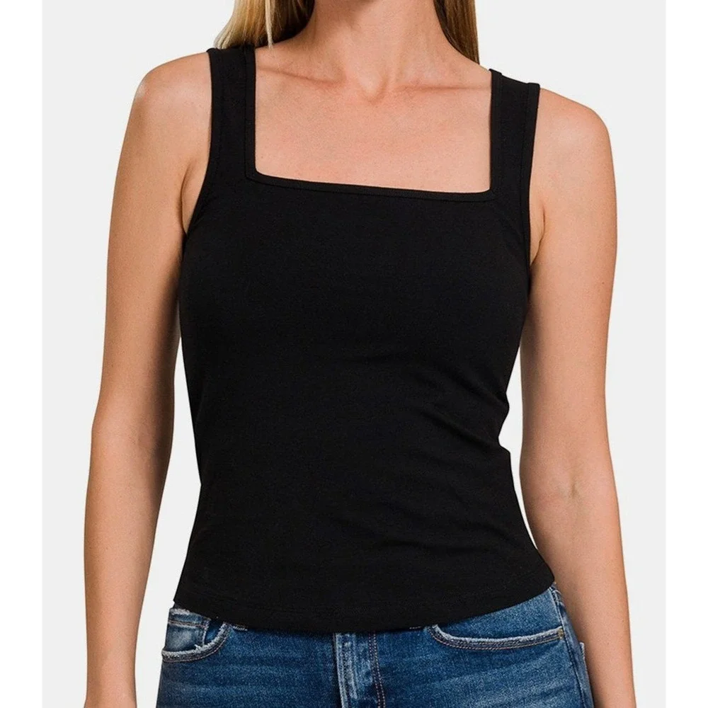 Zenana Black Square Neck Tank Top Sleeveless Knit Cami Basic Layering Tee